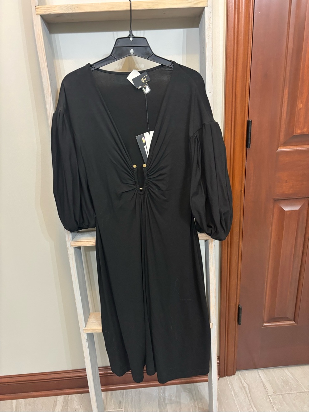 Just Cavalli Black V-Neck Midi Dress with Puff Sleeves